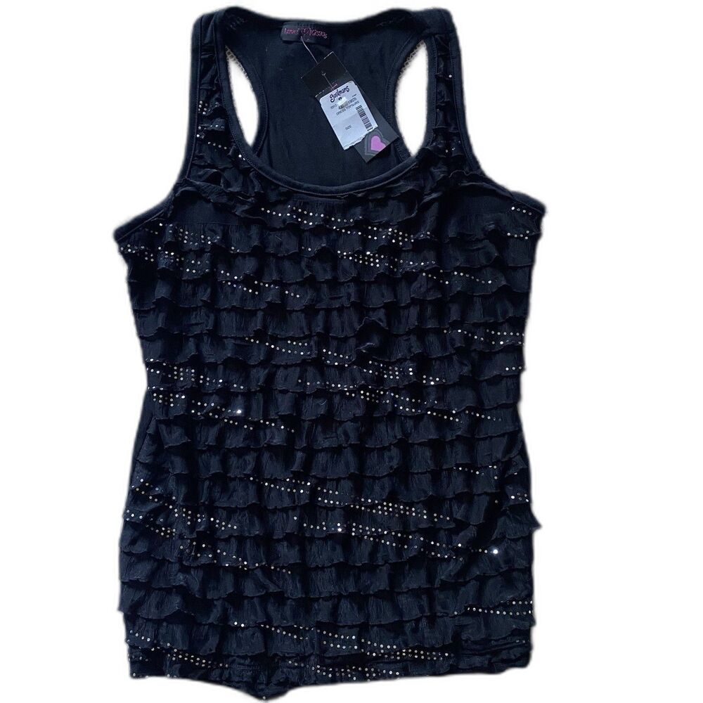 Y2K Love & Kisses Tiered Tank Top JR Women XL Rhinestones Ruffle Racerback Black
